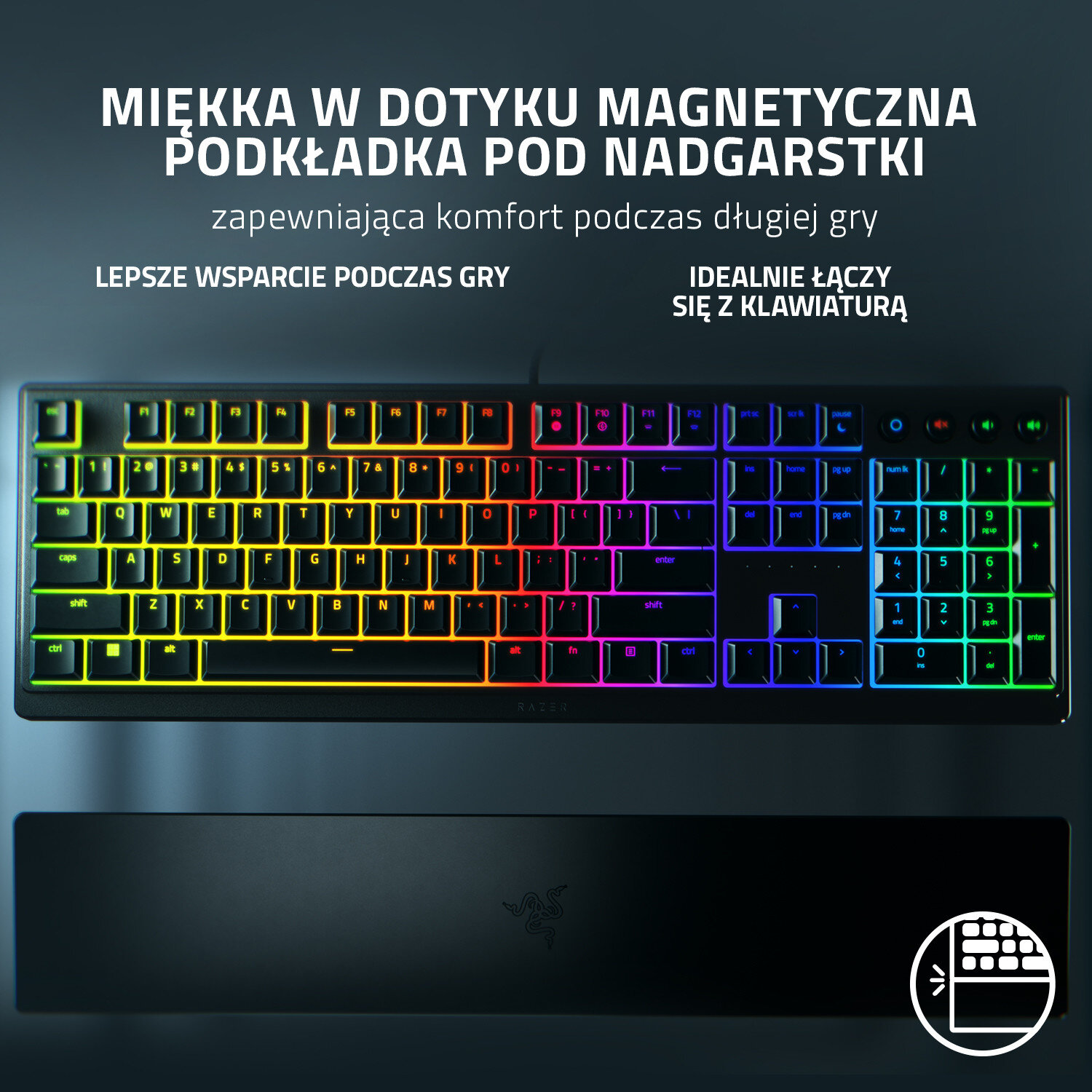 Klawiatura Razer z kolorowymi podświetlanymi klawiszami i podpórką.