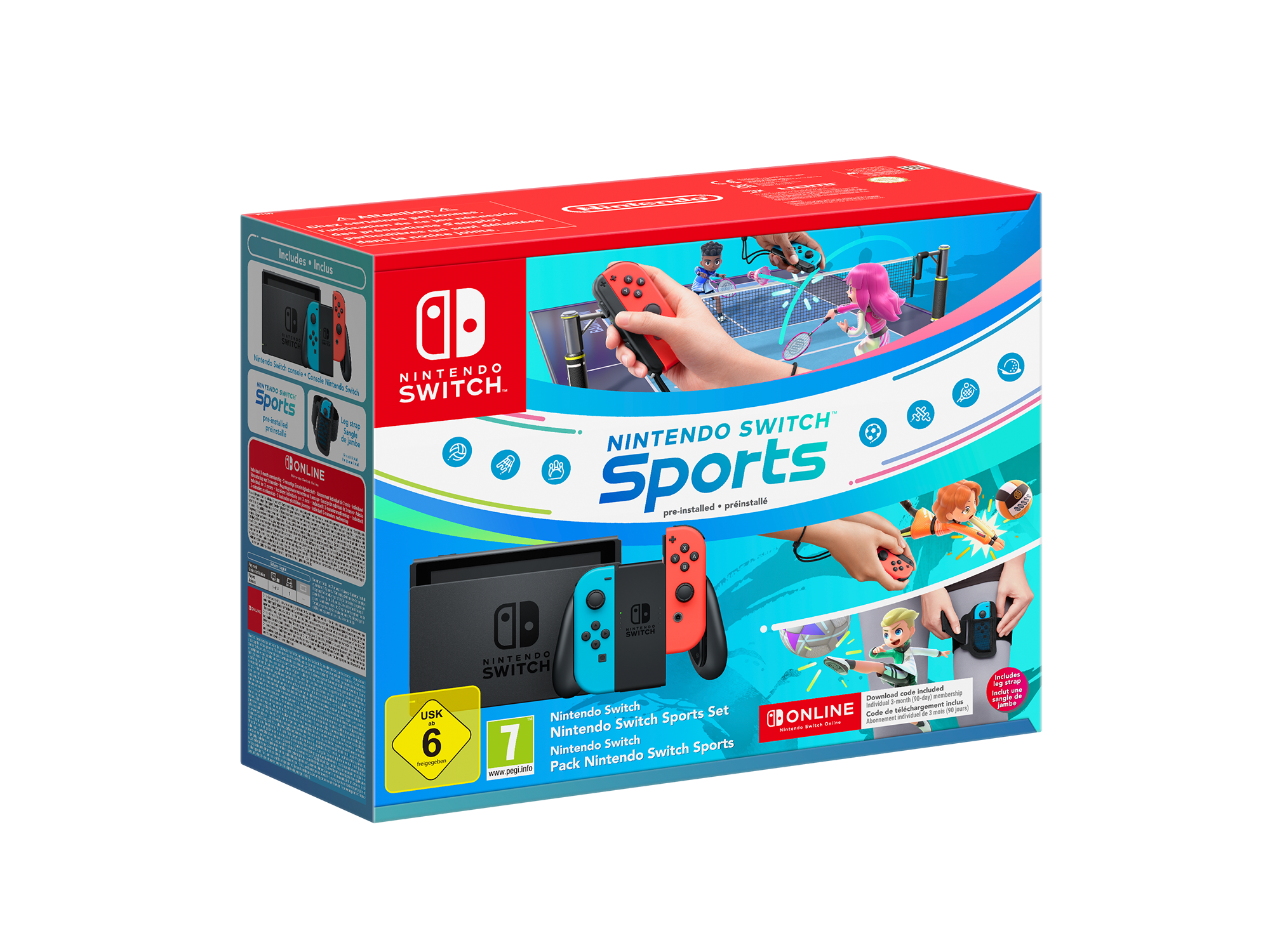 Caja de Nintendo Switch Sports, con consola, mandos e imágenes de juegos de deportes.