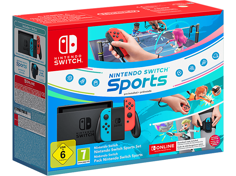 Consola - Nintendo Switch, 6.2", Joy-Con, Azul y Rojo Neón + Juego Switch Sports (preinstalado) Cinta para pierna Suscripción 3 meses online
