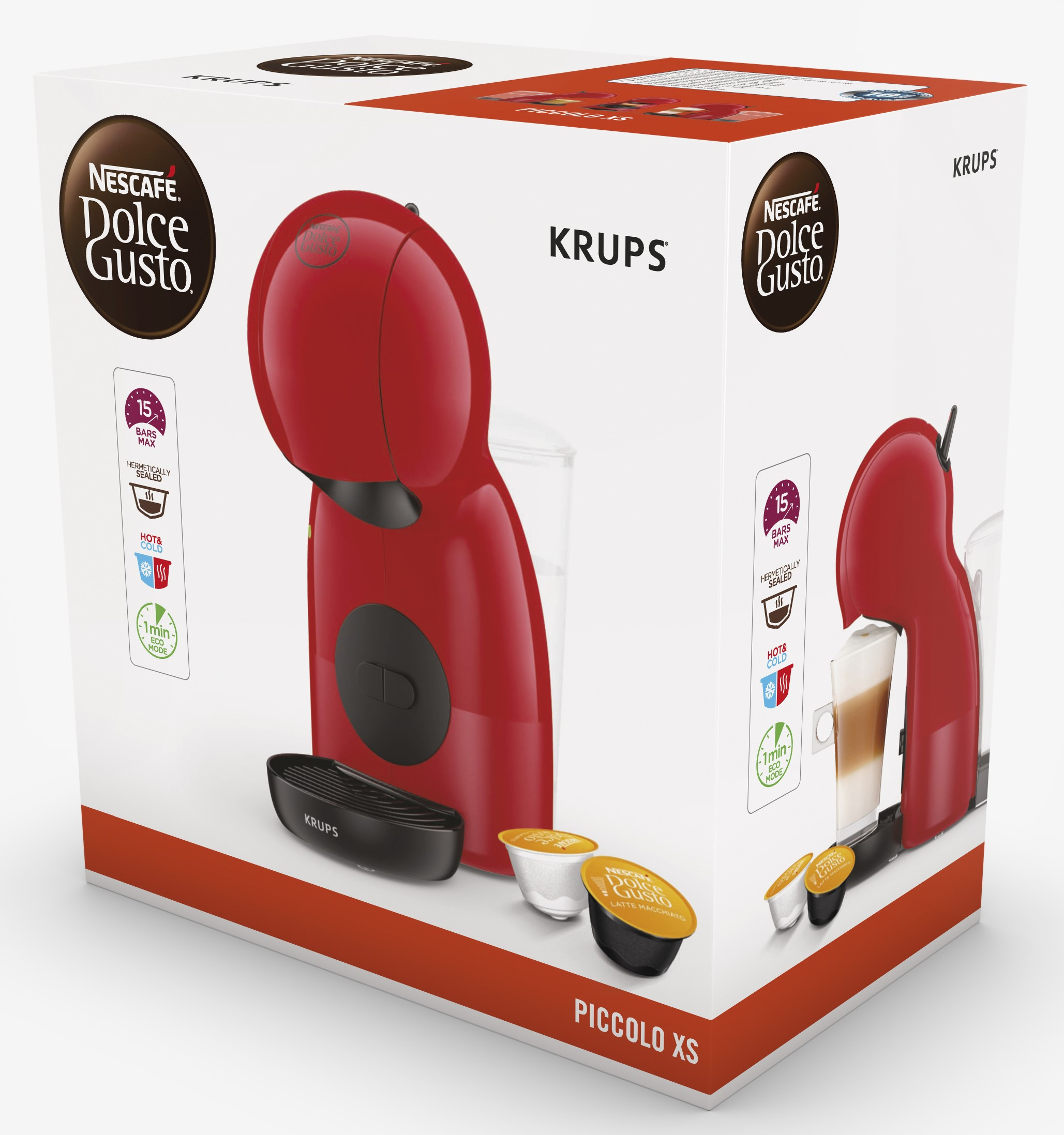 Una cafetera roja Nescafé Dolce Gusto con cápsulas, dentro de su caja.