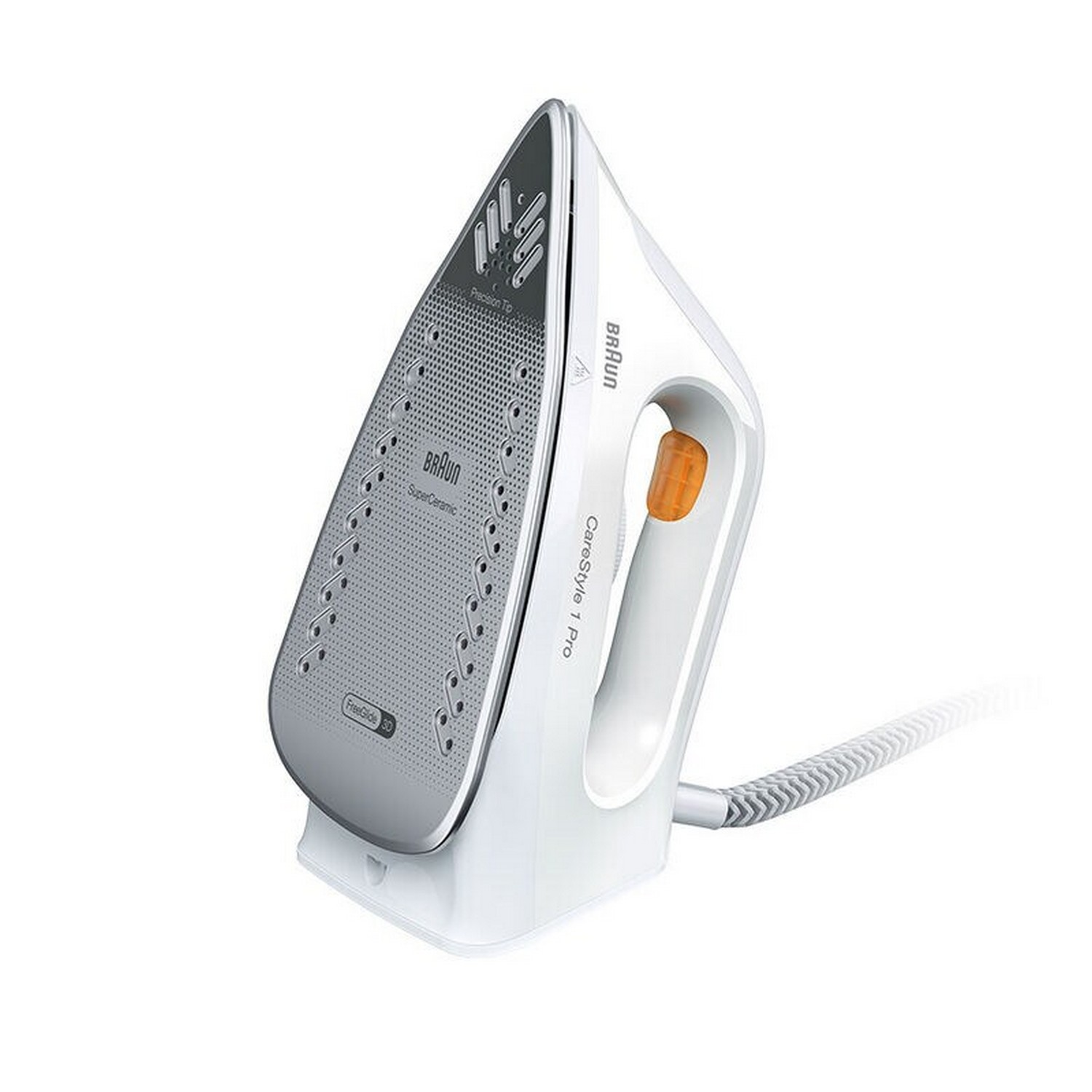 White and gray iron. White handle with orange button. Gray soleplate with holes. Braun logo.