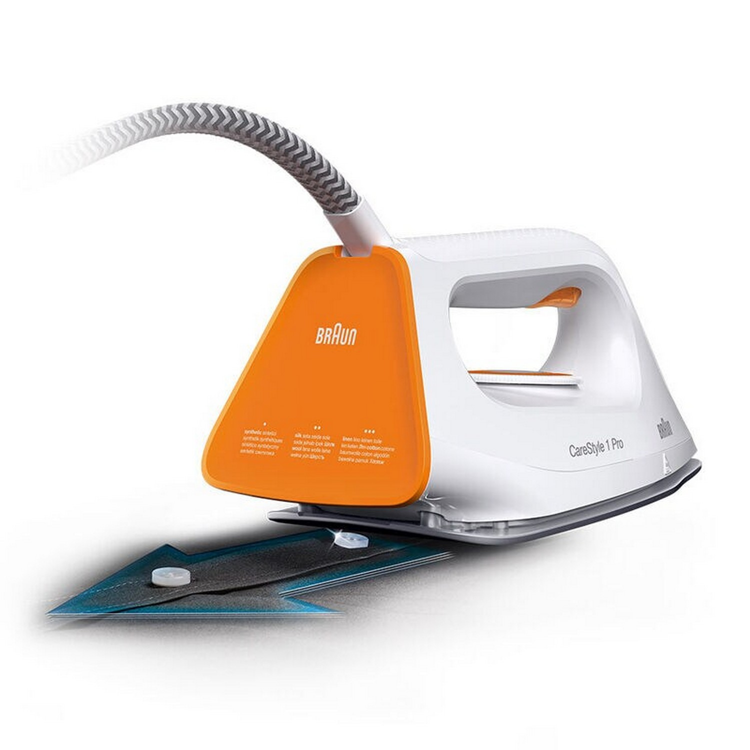 White and orange iron with a grey cord and an ironed fabric.