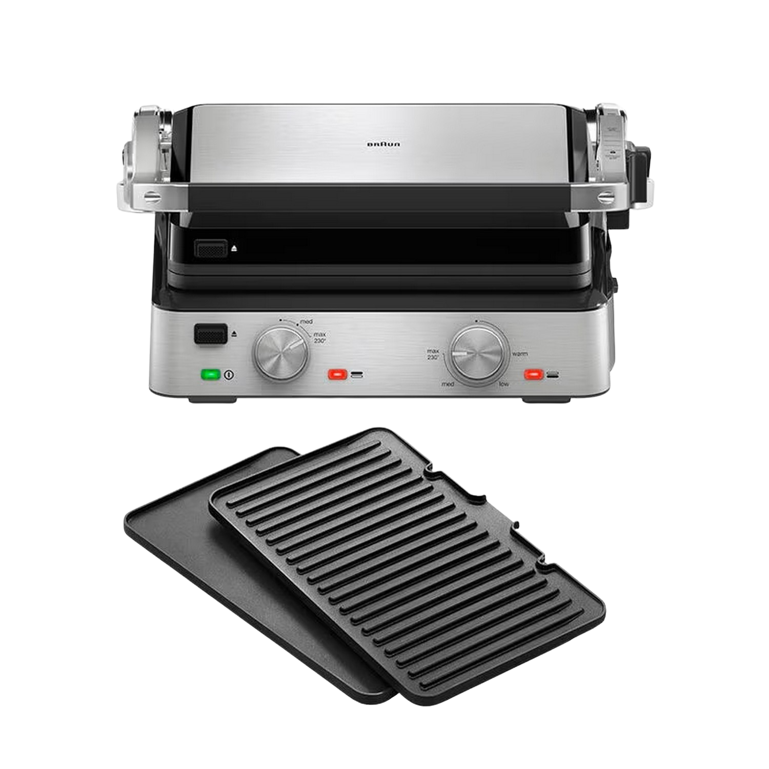 Grill argenté avec plaques amovibles. Boutons de contrôle de température. Plaques noires visibles.