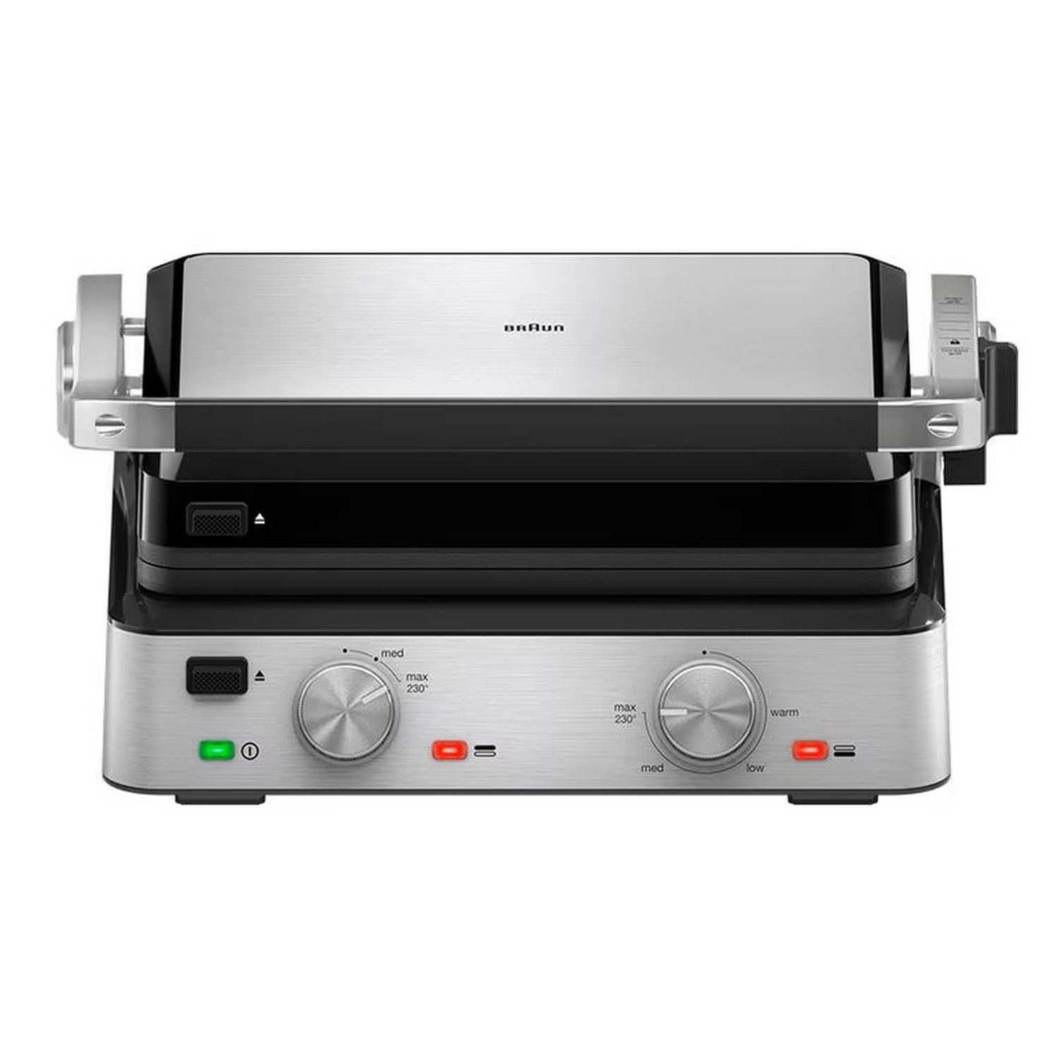 Un grill Braun argent et noir avec des boutons de commande et des voyants. Le couvercle est fermé.