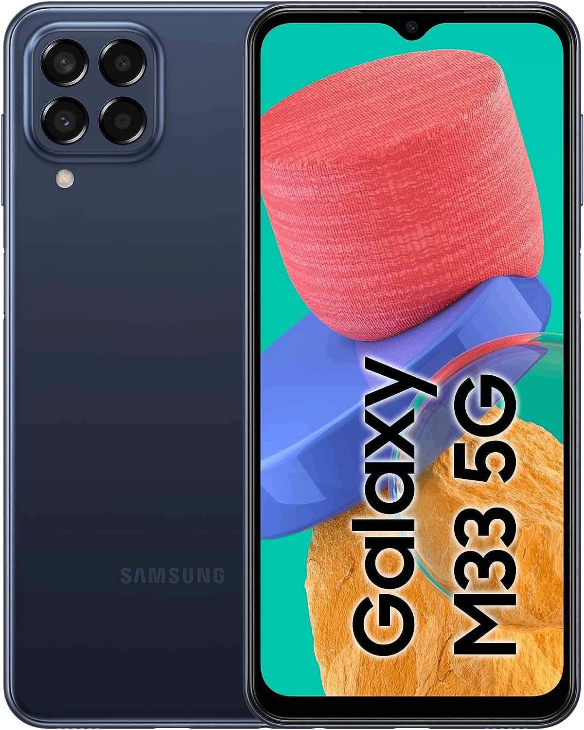 Un teléfono Samsung Galaxy M33 5G azul oscuro. Un diseño rojo y naranja aparece en la pantalla.