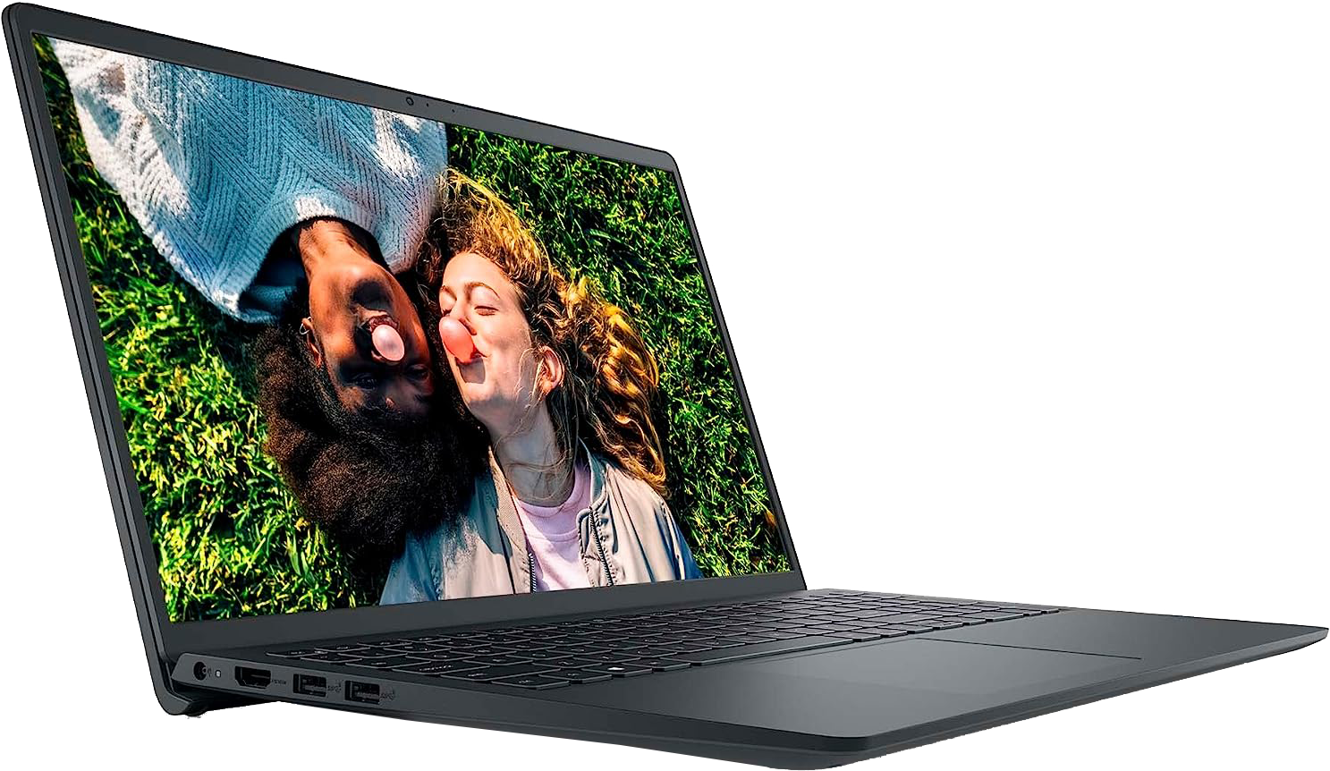 Egy laptop, amely két, fűben fekvő embert mutat rágógumival. A laptop nyitva van.