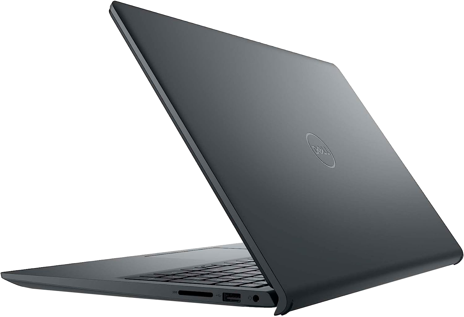 Sötétszürke Dell laptop, nyitva, billentyűzettel és a Dell logóval a hátulján.