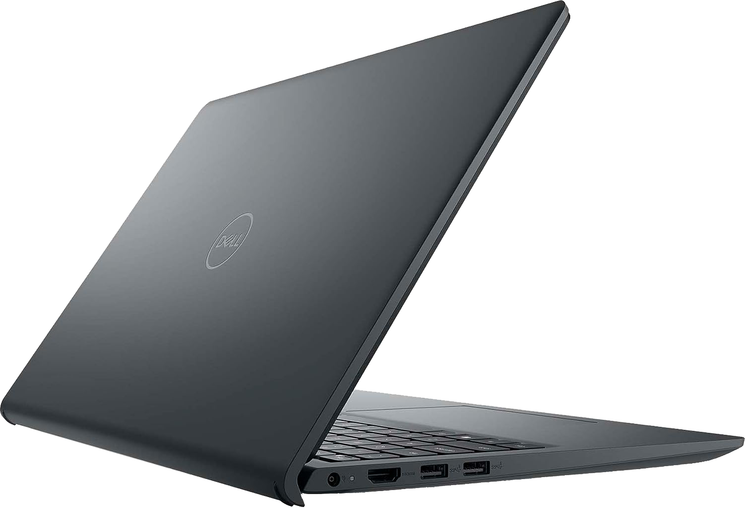 Sötétszürke laptop, kissé nyitva, a billentyűzetet és a Dell logót mutatja a hátoldalon.