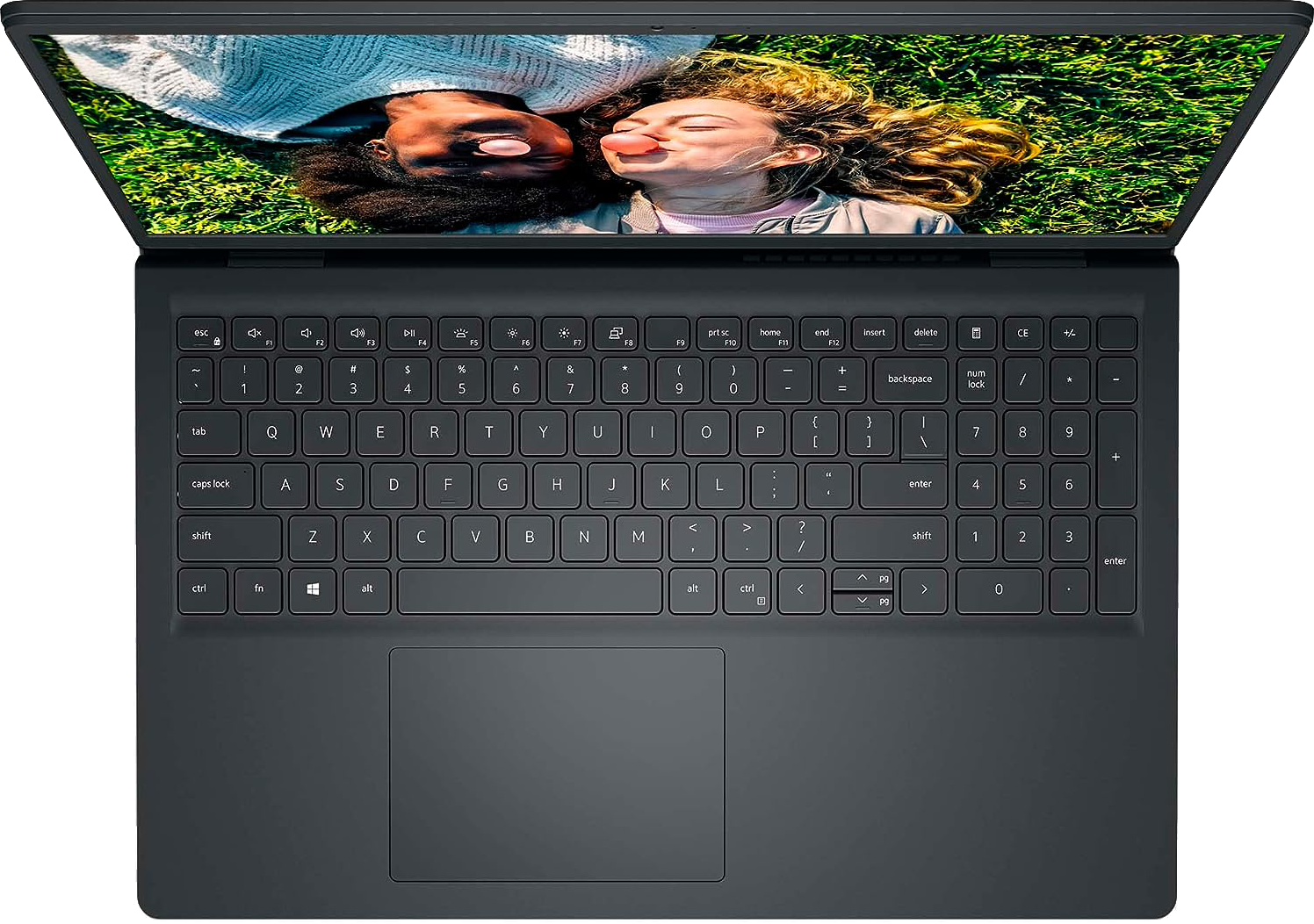 Laptop két buborékot fújó ember képével, felülnézetből.