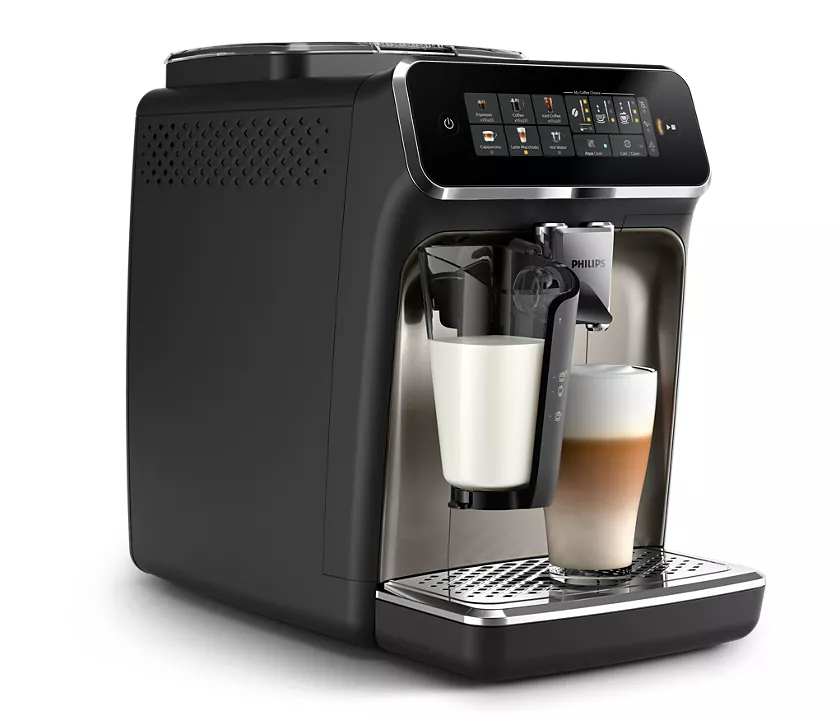 Fekete Philips eszpresszógép, tejkiöntővel és latte-val. A gép érintőképernyős felülettel rendelkezik.