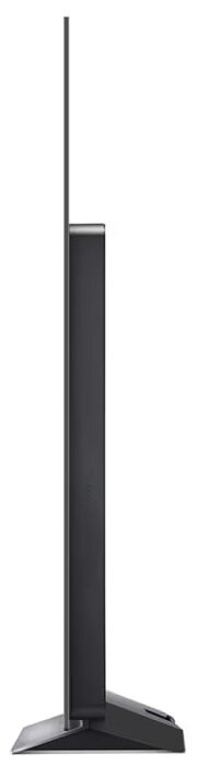 Widok z boku czarnego telewizora LG OLED, pokazujący smukłą konstrukcję i podstawę.
