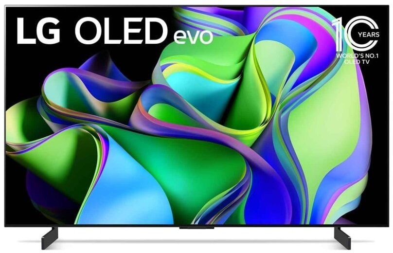 Telewizor LG OLED evo na stojaku, z żywym, kolorowym ekranem. Logo i tekst są widoczne.