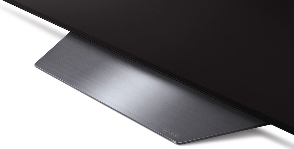 Podstawa stojaka pod telewizor. Czarna, ze srebrnym metalicznym wykończeniem. Logo LG OLED z przodu.