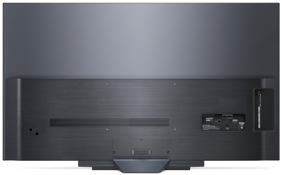 Tył ciemnoszarego telewizora LG OLED z portami i połączeniami. Kabel zasilający jest podłączony.