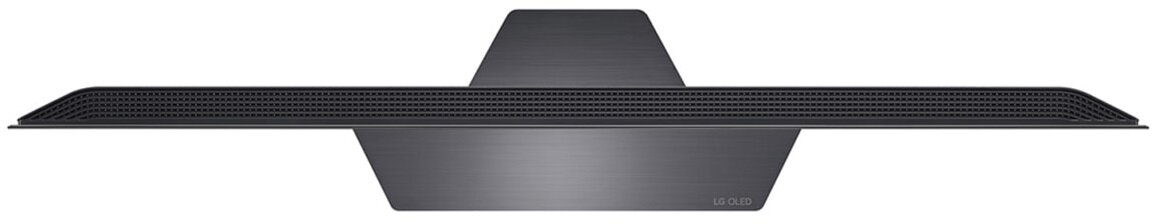 Czarny telewizor, widok z góry. Cienki, z metalową podstawą.