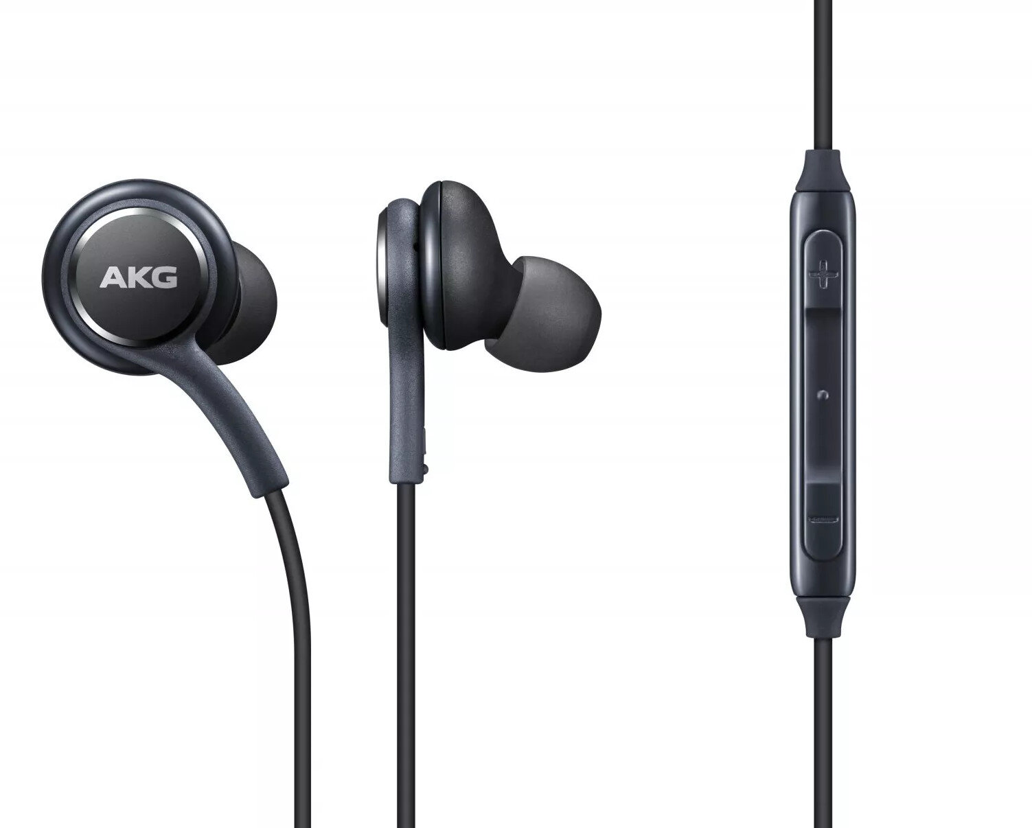 Czarne słuchawki AKG z wbudowanymi elementami sterującymi. Widoczne słuchawki i sterowanie.