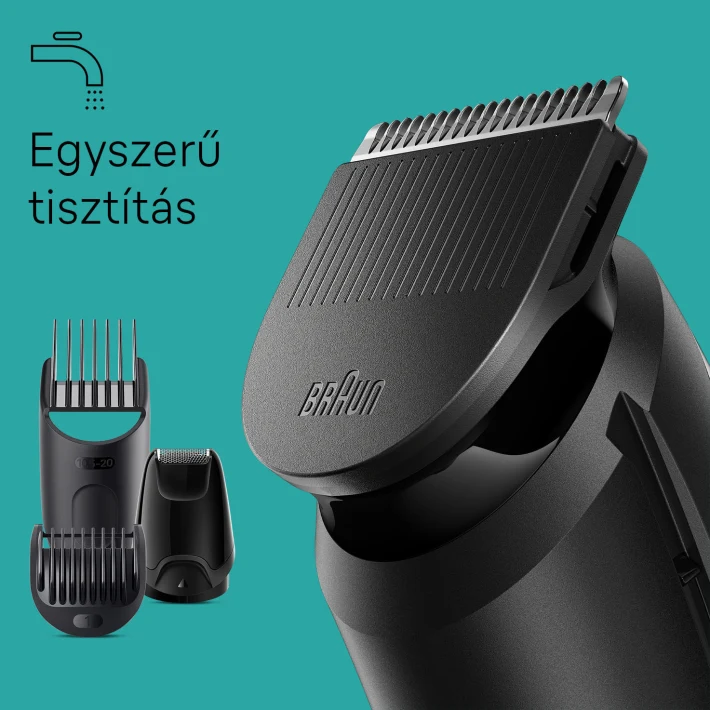 Közeli kép a szakállvágóról különböző fejekkel. Szöveg: Könnyű tisztítás. Braun logó.