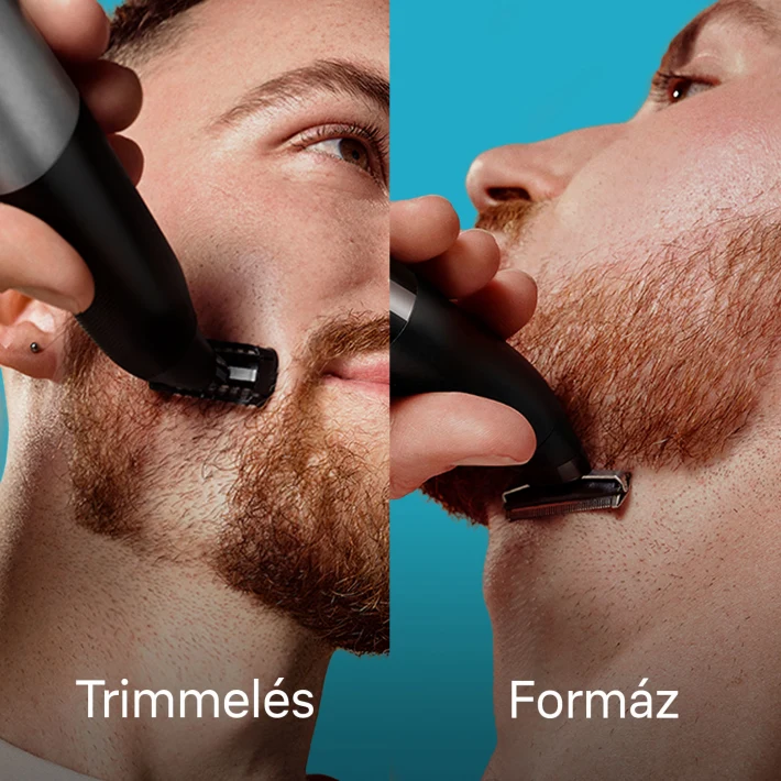 Két férfi arca, amely szakállvágást mutat fekete trimmelővel. Az egyik oldalon „Vágás”, a másikon „Forma” felirat látható.