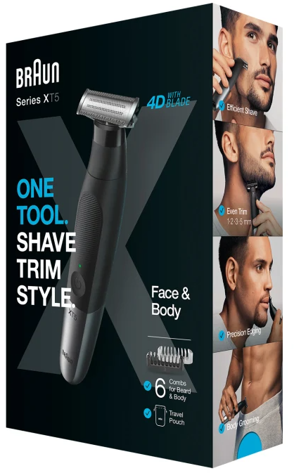 Braun Series XT5 borotva doboz, képekkel a borotválkozási stílusokról: hatékony, egyenletes trimmelés, precíz kontúrozás.