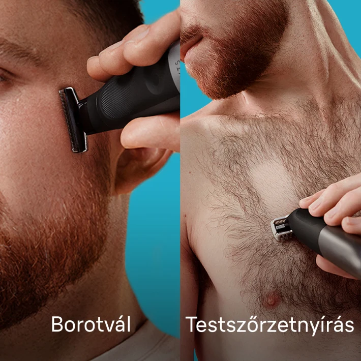 Férfi arcot és mellkast borotvál egy trimmel.