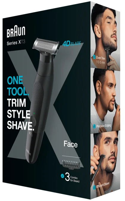 Braun Series XT3 borotválkozó készlet doboza. Tartalmazza a trimmert, és különböző használati stílusokat mutat.