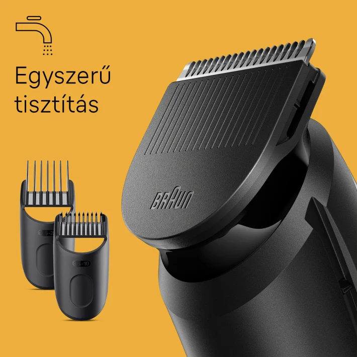 A trimmer fejének és tartozékainak közelképe, szöveggel a sárga háttéren, Braun logó látható.
