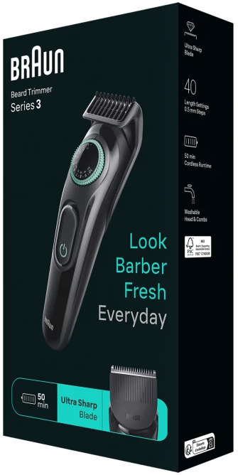 Braun Series 3 szakállvágó egy dobozon. Fekete és zöld dizájn.