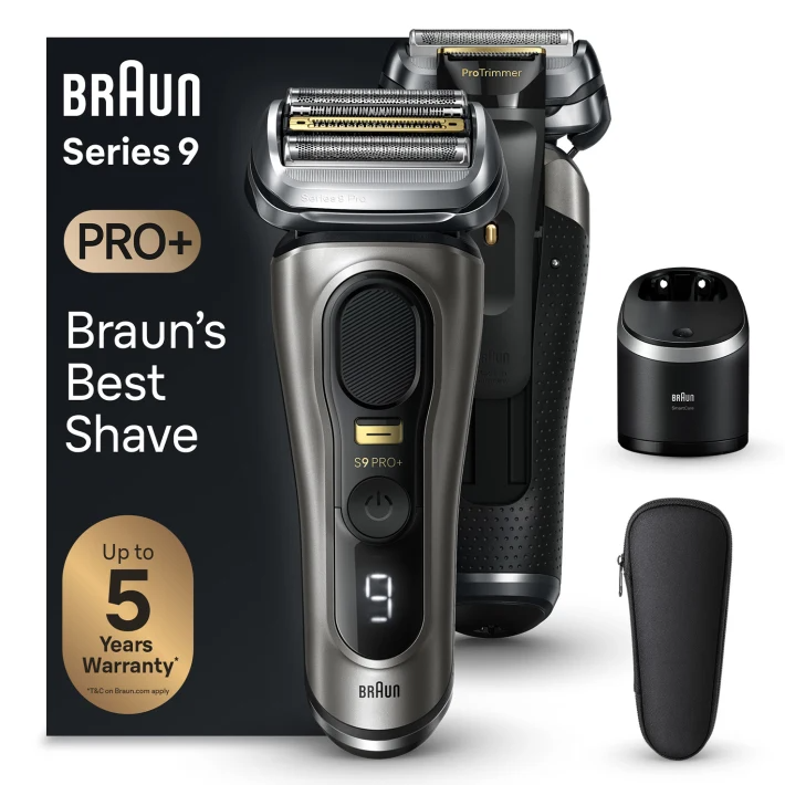 Braun Series 9 Pro+ elektromos borotva tartozékokkal és csomagolással, a 'Braun's Best Shave' szöveggel.