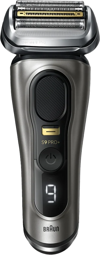 Braun Series 9 Pro+ elektromos borotva. Ezüst és fekete, digitális kijelzővel, 9-es számmal.