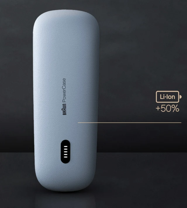 Braun PowerCase, világoskék, +50% Li-ion akkumulátor jelzővel és fényekkel.