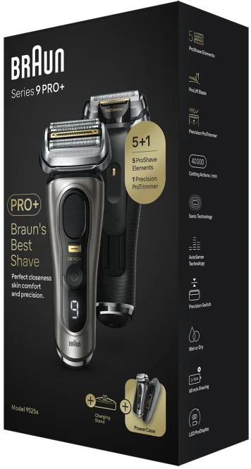 Fekete Braun Series 9 Pro+ elektromos borotva a dobozában, töltőállvánnyal és hordtáskával.