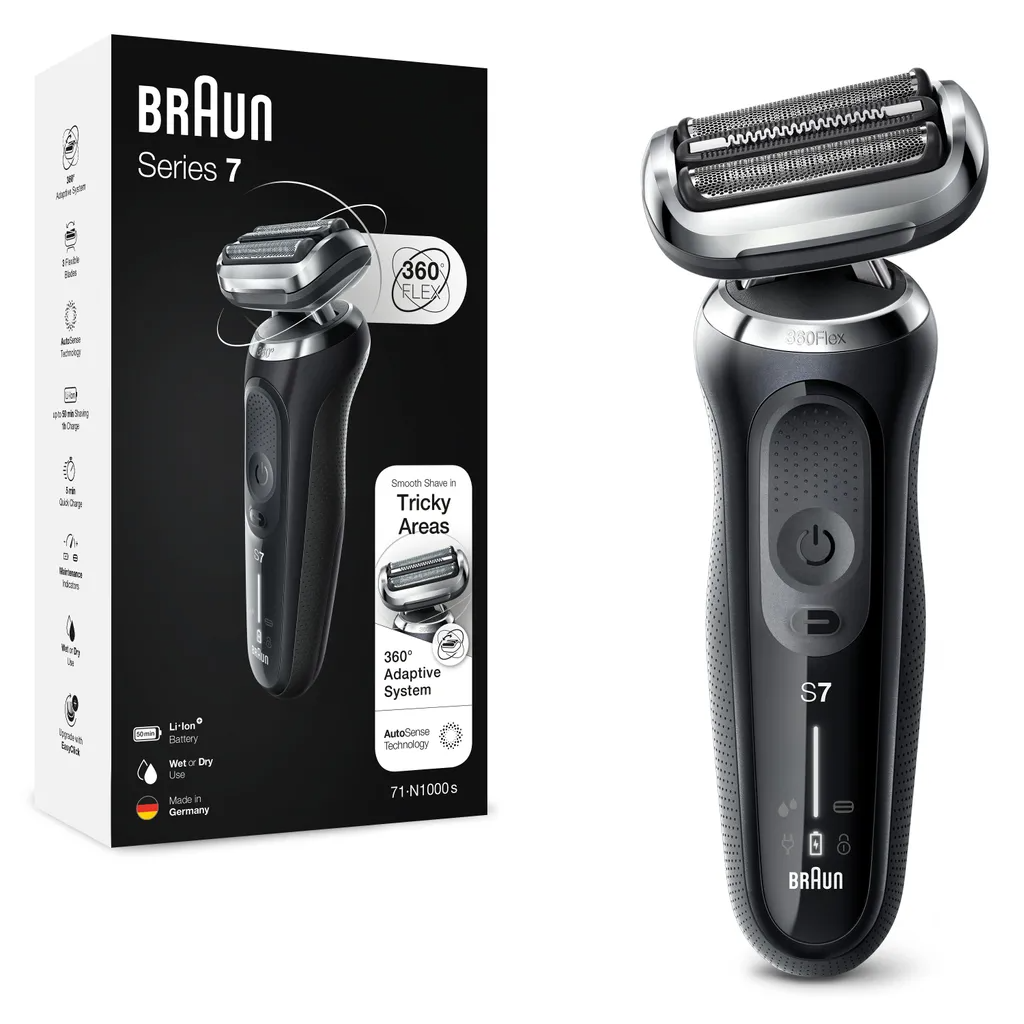 Braun Series 7 elektromos borotva dobozzal, borotvát és funkciókat mutatva.