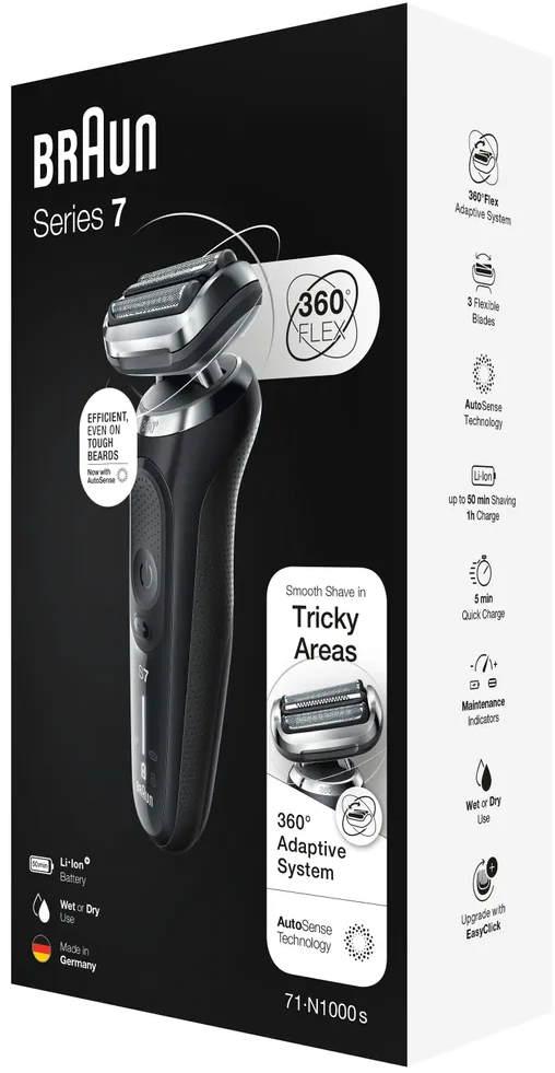 Braun Series 7 elektromos borotva doboza. Fekete és ezüst borotva. Jellemzők és ikonok az oldalon.