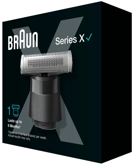 Braun Series X borotva doboza. A borotva feje látható. A doboz fekete és türkiz.