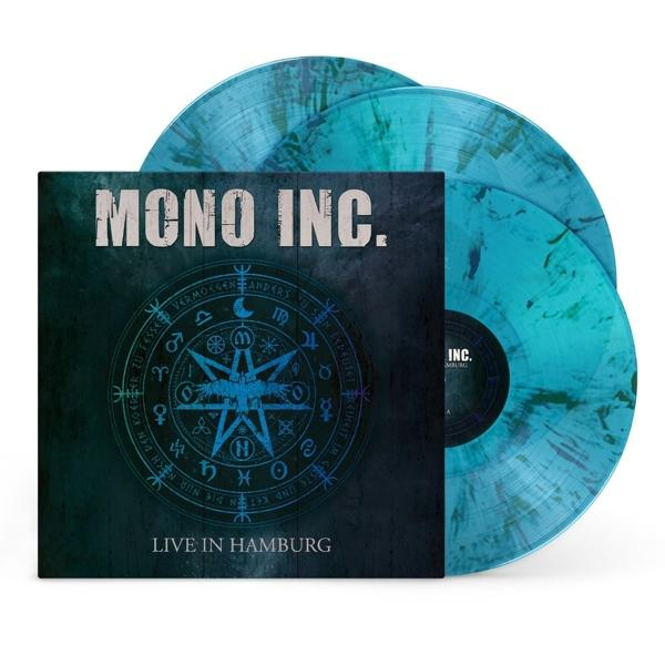 Albumcover von Mono Inc. mit blauen Vinyl-Schallplatten. Text und ein Symbol werden angezeigt.