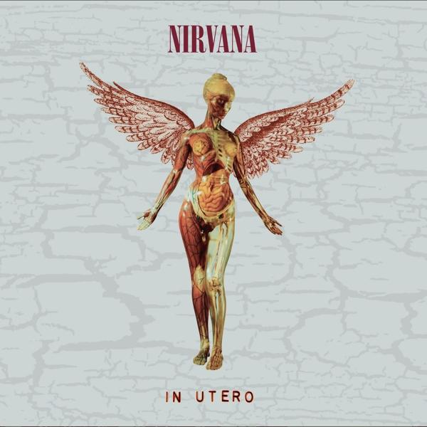 Albumcover, Nirvana. Nackte Figur mit Flügeln. Hintergrund ist eine graue, strukturierte Oberfläche. Titel: In Utero.