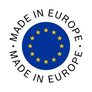 Kreisrundes Logo mit blauem EU-Flagge und Text 'MADE IN EUROPE'.