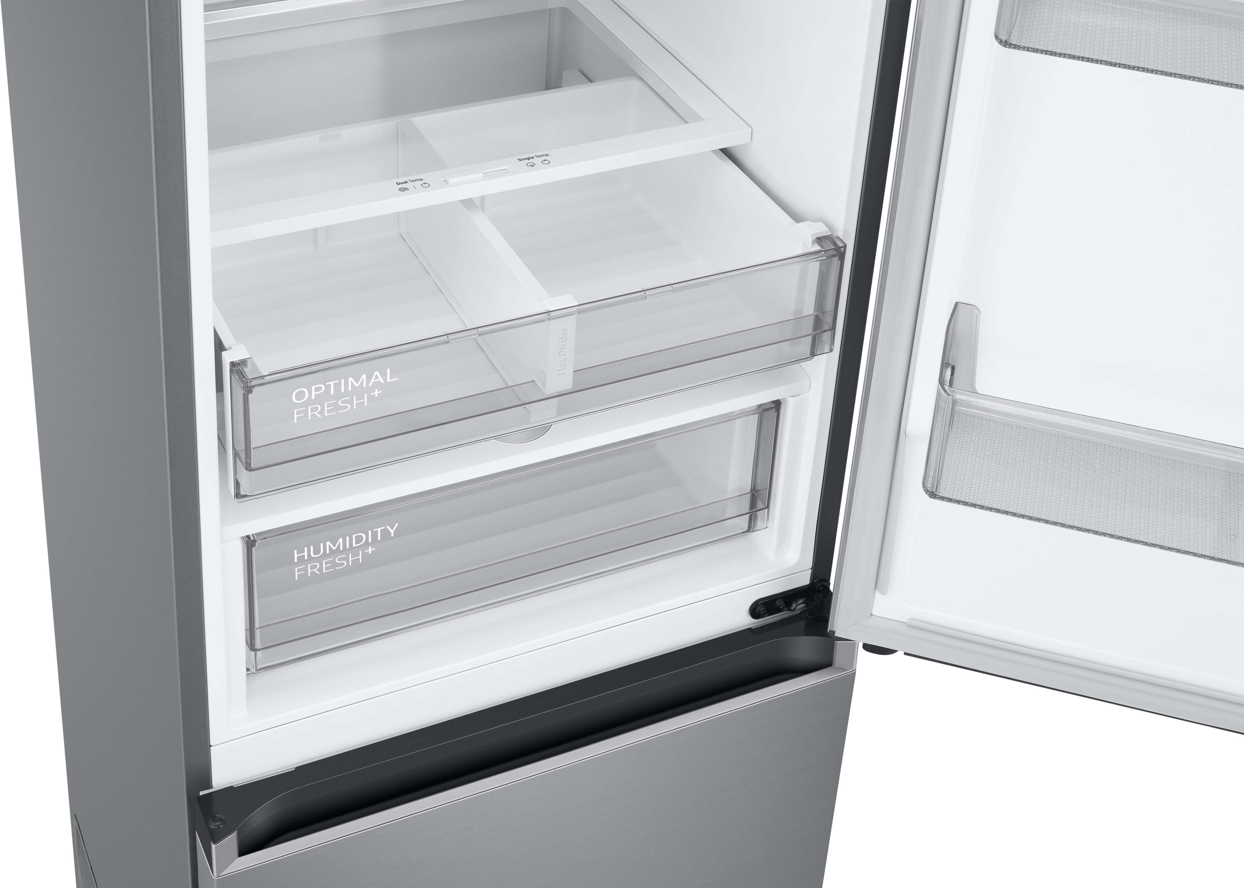 Innenraum eines Kühlschranks mit Schubladen und den Labels: Optimal Fresh+ und Humidity Fresh+.