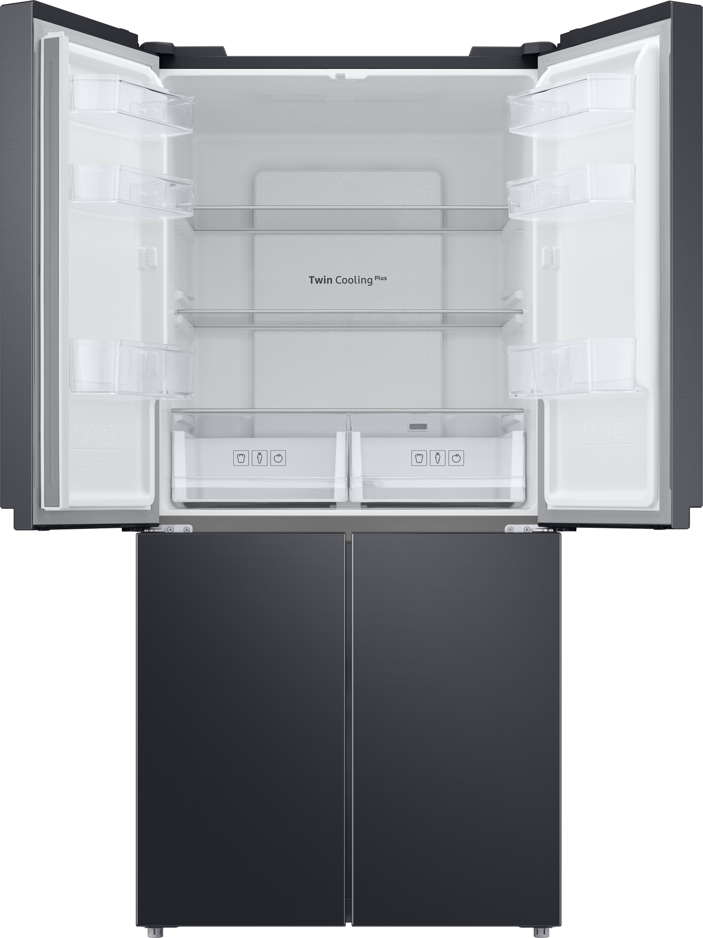 Ein schwarzer Kühlschrank mit vier offenen Türen, die den Innenraum freigeben. Regale und Schubladen sind sichtbar.