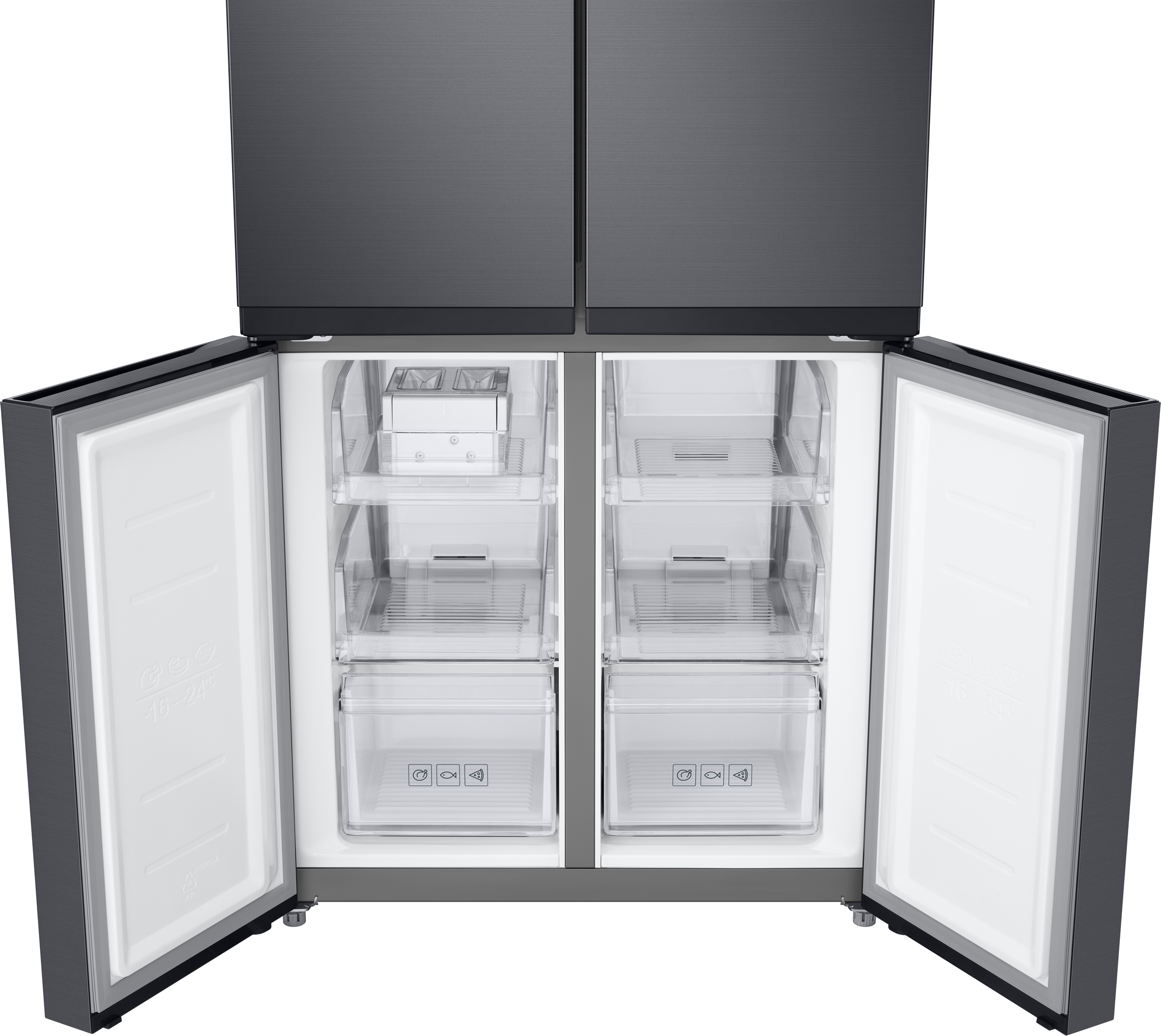 Offener Kühlschrank mit offenen Türen, transparente Schubladen und Regale.
