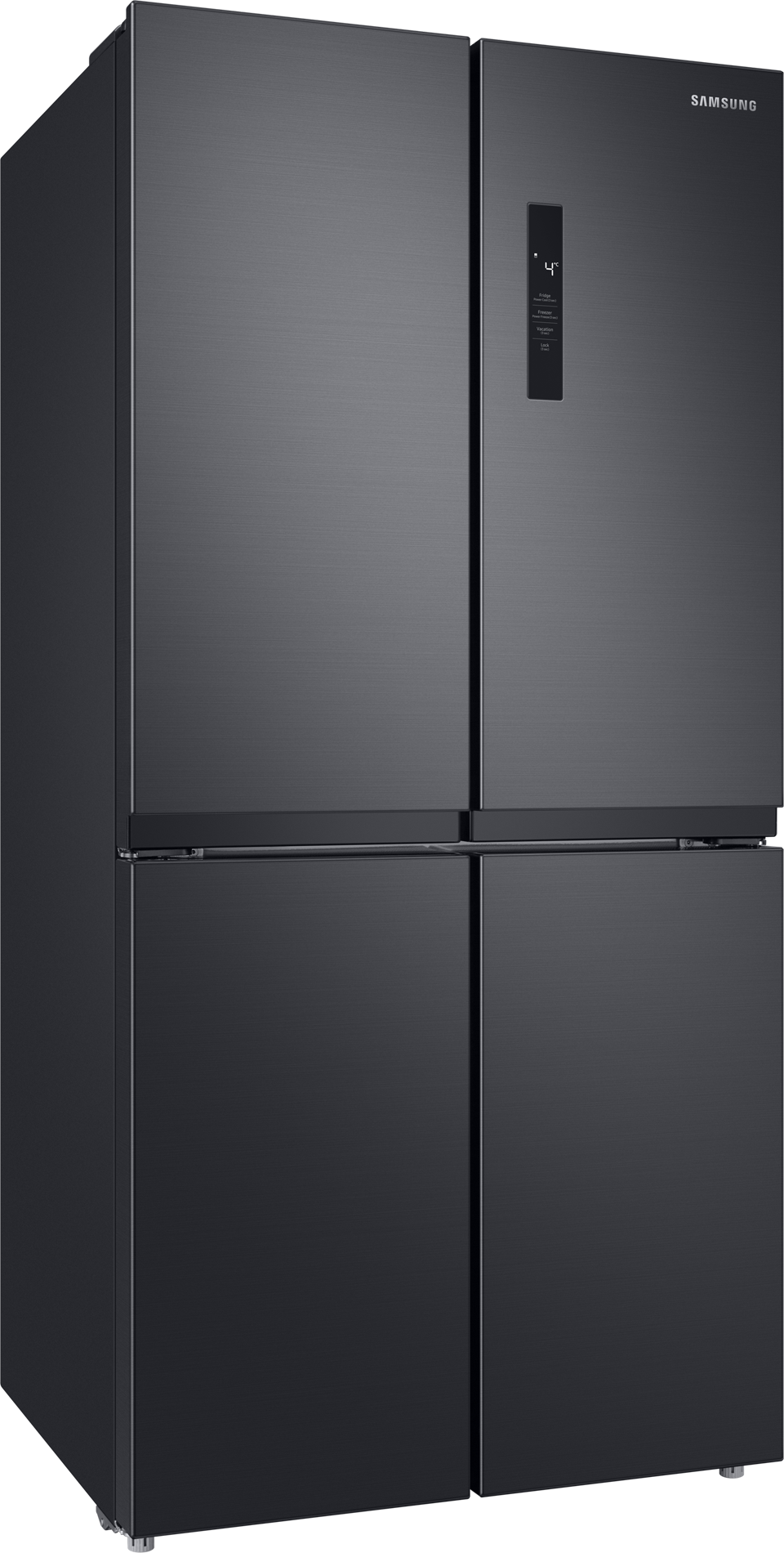 Ein schwarzer Samsung Kühlschrank mit vier Türen, auf weißem Hintergrund.