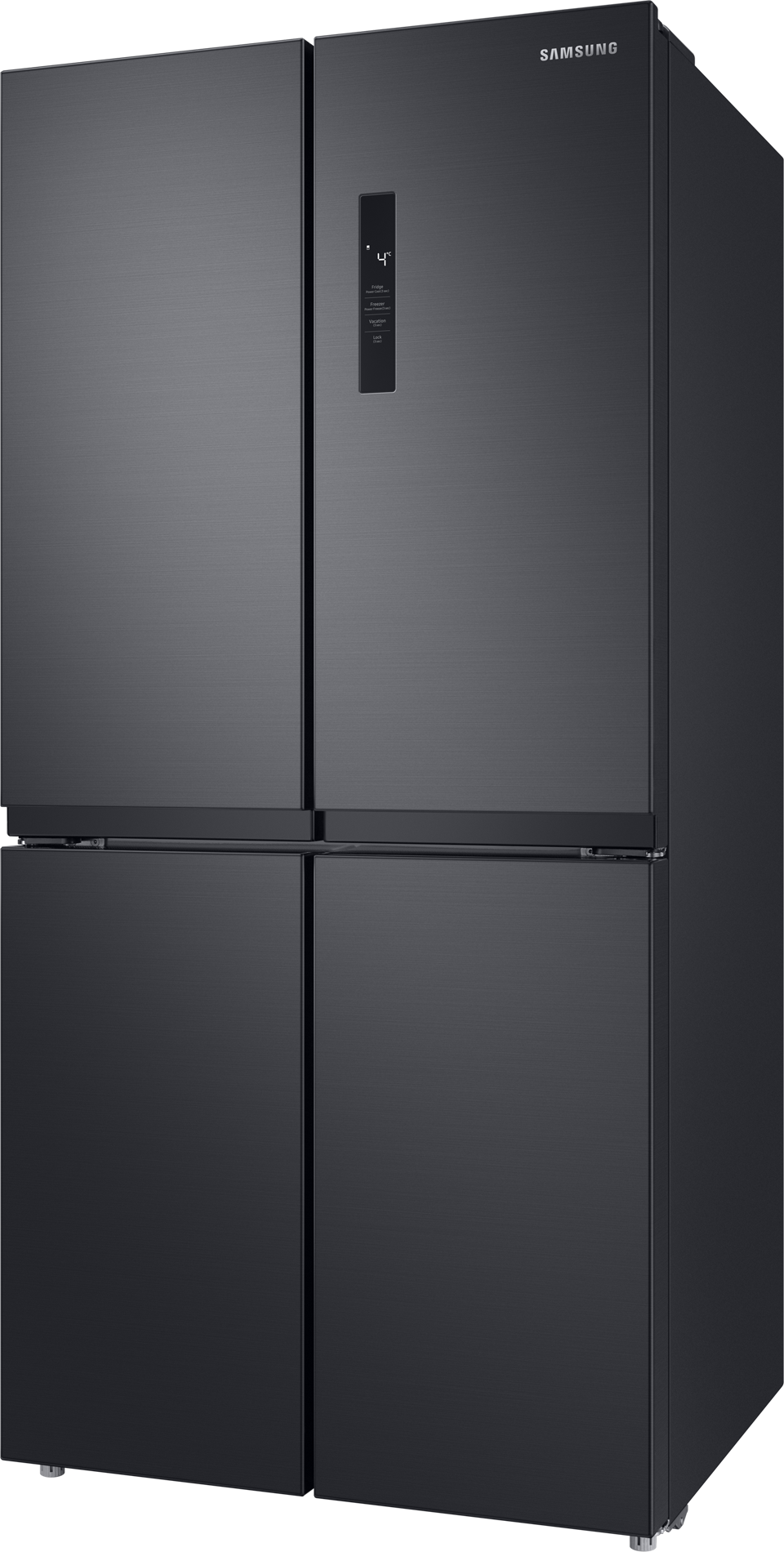 Ein schwarzer Samsung-Kühlschrank mit vier Türen, in einer gut beleuchteten Küchenumgebung.