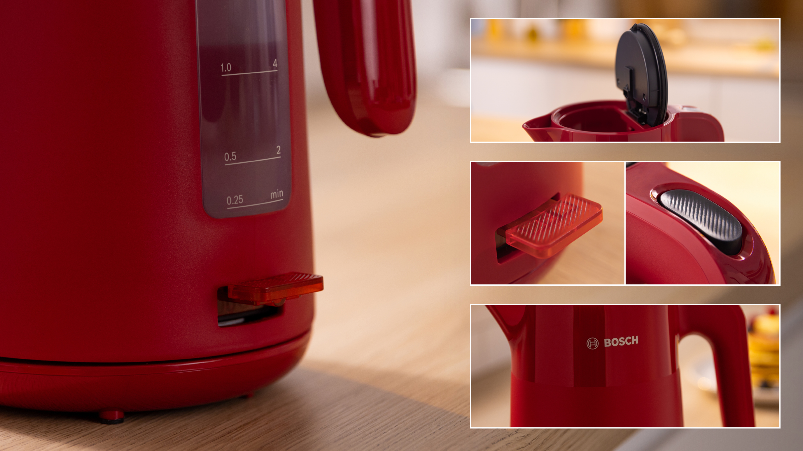 Ein roter Bosch Wasserkocher mit mehreren Detailaufnahmen des Designs und der Funktionen.