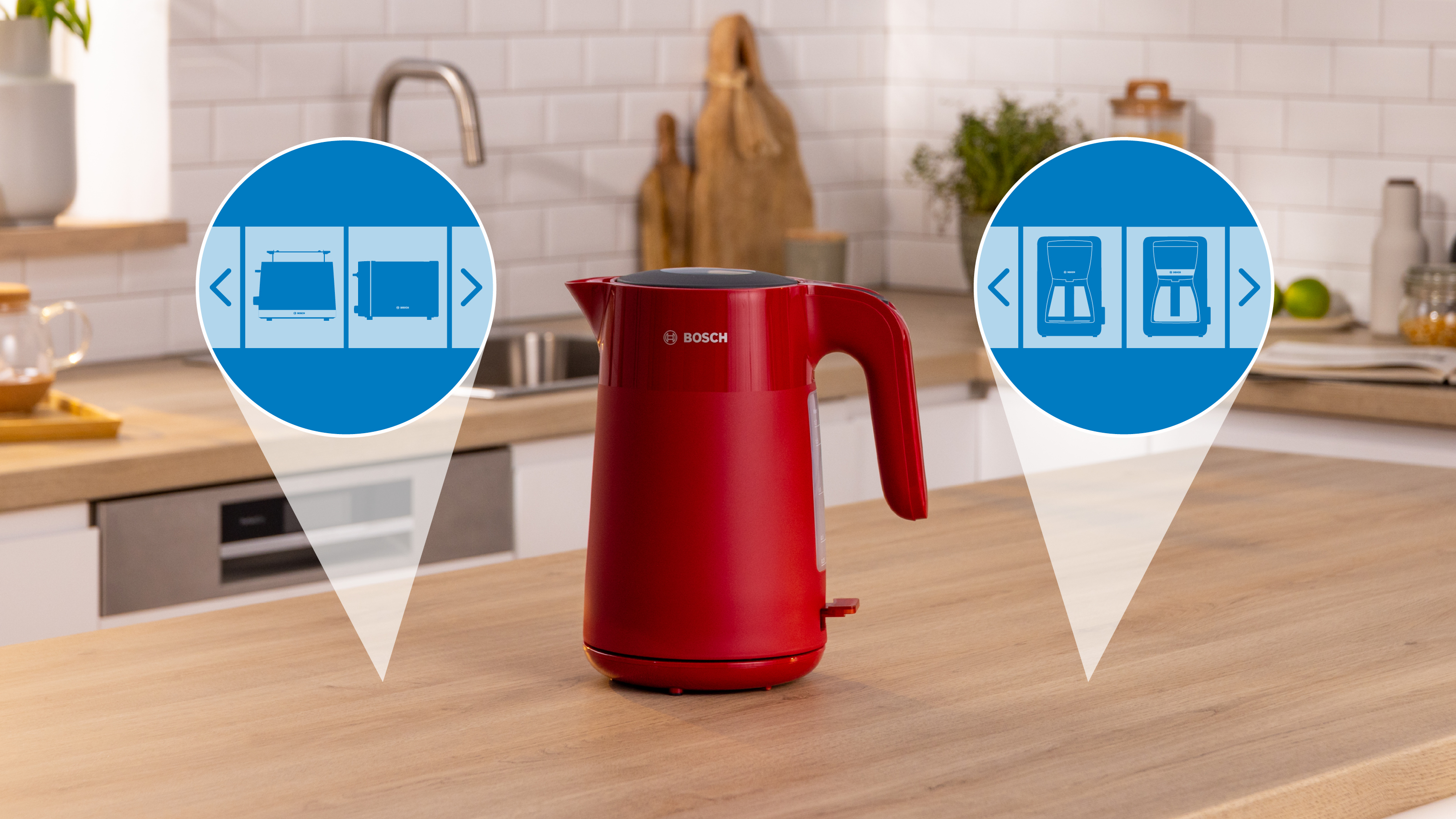 Roter Wasserkocher auf einer Holztheke, blaue Symbole mit Produktbeispielen.