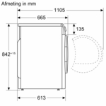 Technische tekening van een koelkast met afmetingen in mm.