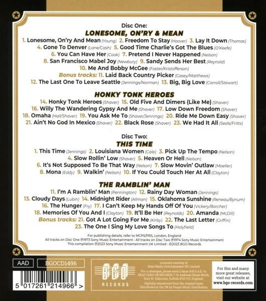 CD-Rückseite mit Titellisten in Schwarz auf beigem Hintergrund. BGO Records-Logo.