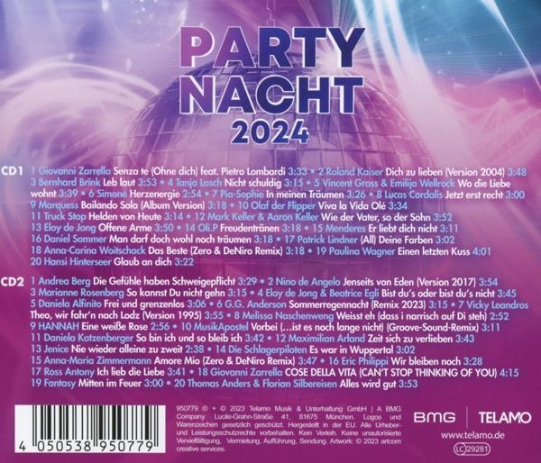 CD-Cover mit dem Text 'Party Nacht 2024' und einer Liste von Songs und Künstlern.