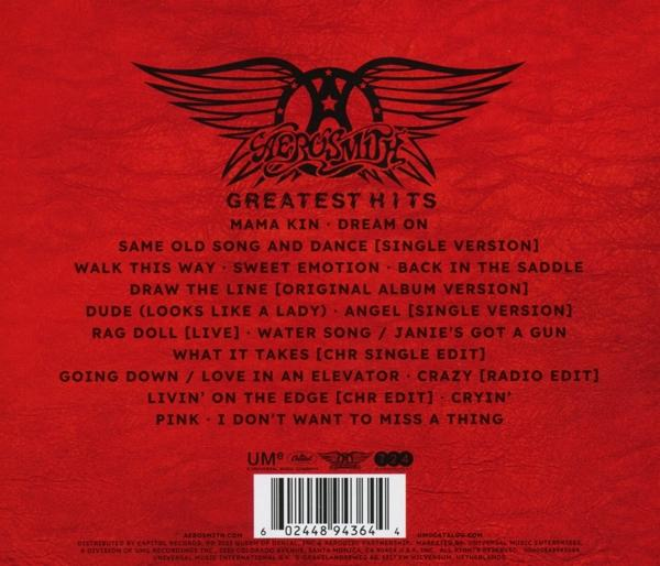 CD-Cover mit Aerosmiths Greatest Hits. Der Hintergrund ist rot mit Songtiteln.