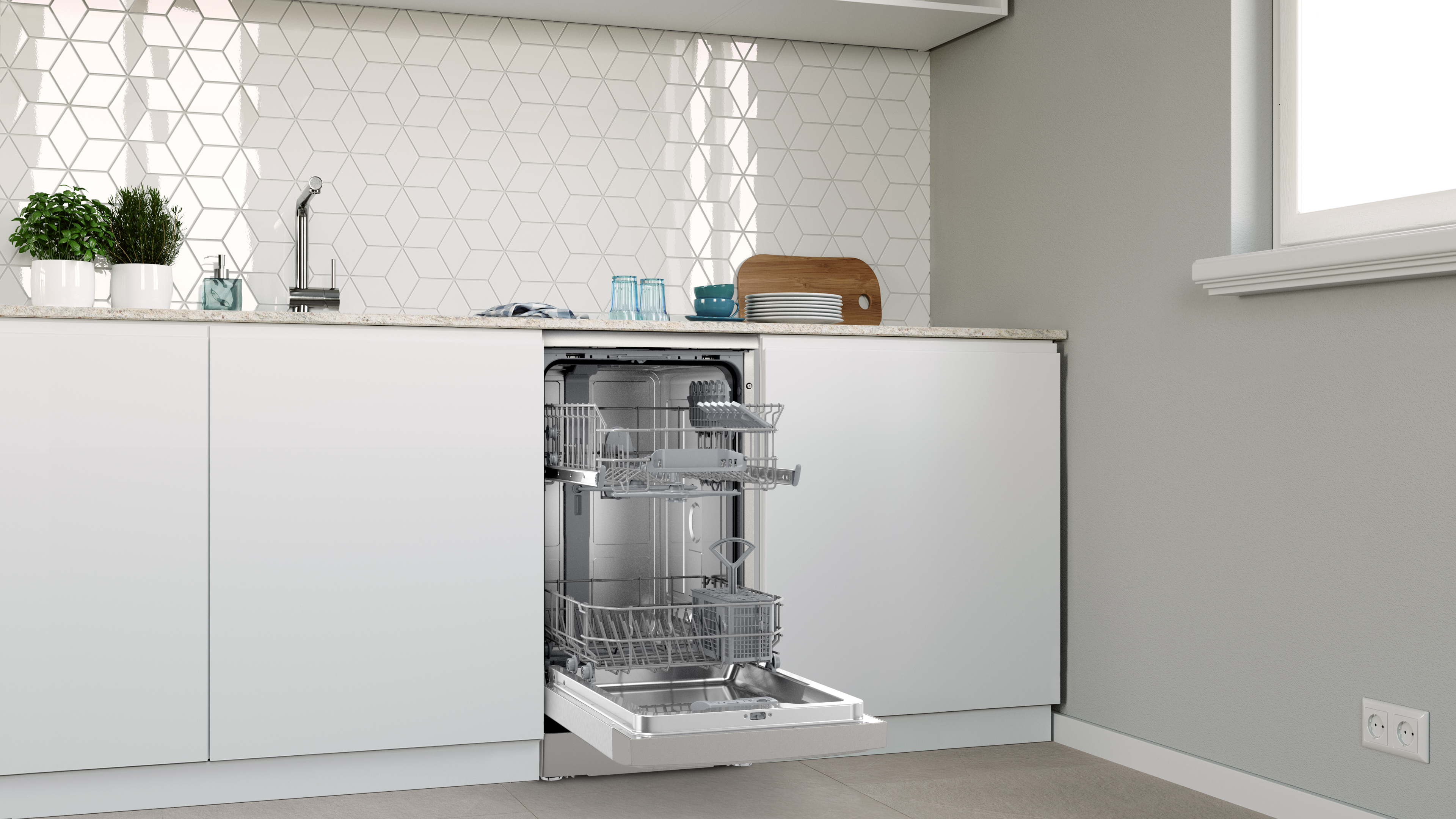 Una cocina moderna con un lavavajillas con la puerta abierta, mostrando los estantes.