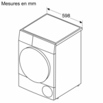Fond blanc avec un dessin de machine à laver vu de dessus, avec mesures.
